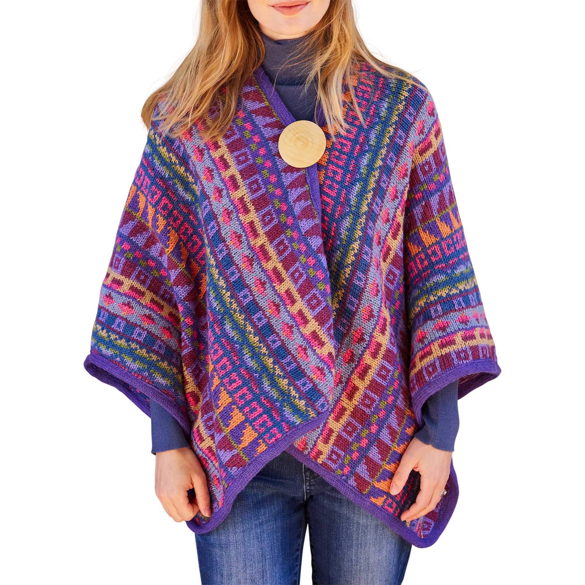 Pachamama Women Wool Wrap Handknitted Geometric Purple Handmade Extra Warm Shawl Fair Trade