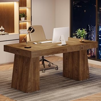 Tribesigns 55 Inches Executive Desk, Mid-Century Modern Home Office Desk, Wood MDF Computer Table Business Workstation Small Conference Table, Light Brown