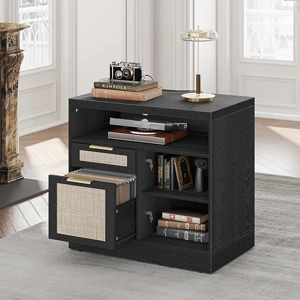 Perledesign 2 Drawer Rattan File Cabinet, 32'' Lateral File Cabinet with Lock and AC/USB for Legal/Letter/A4/F4 Size, Wood Filing Cabinet with Storage Shelves for Home Office, Black