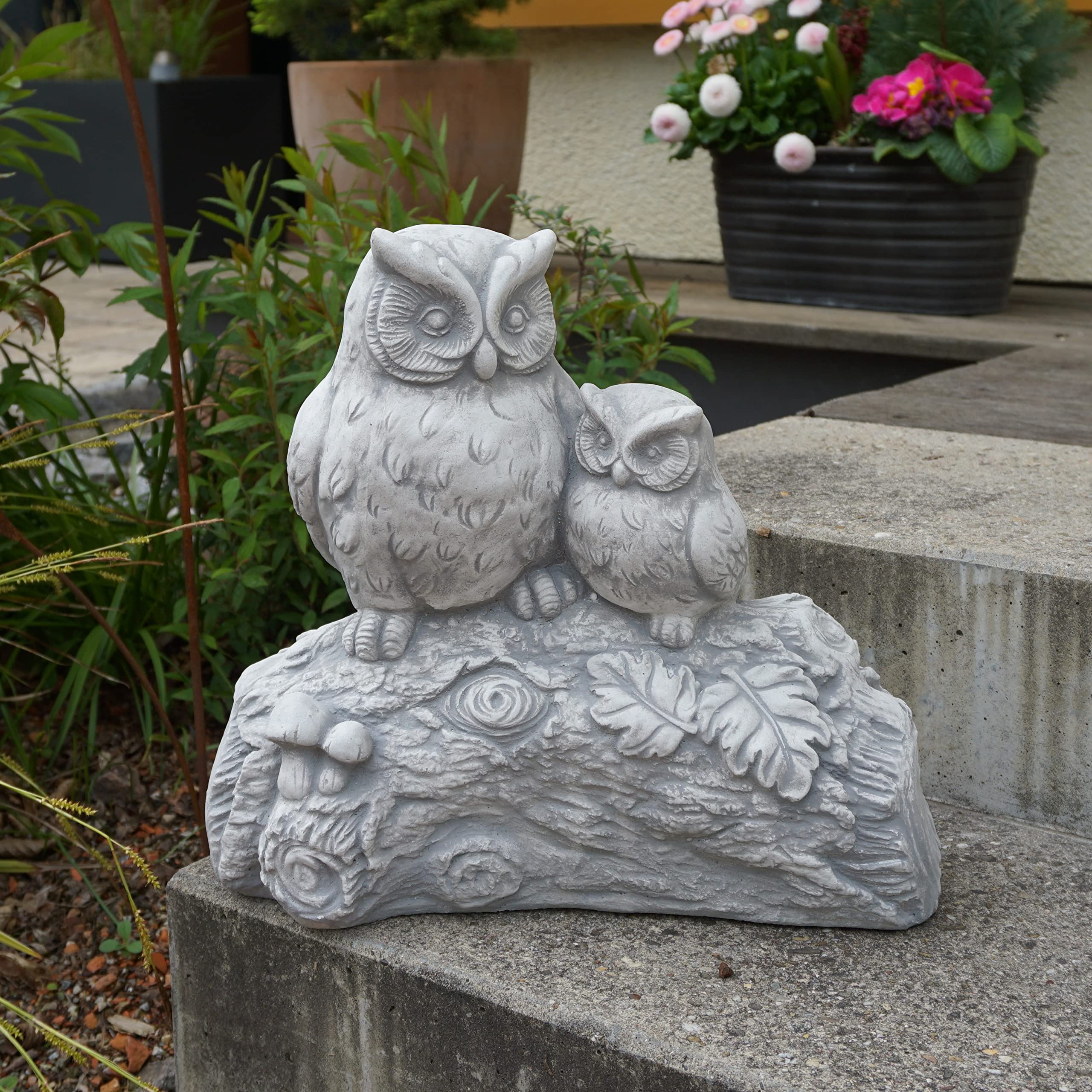 gartendekoparadies.de Figurine en Pierre Solide Amusante Paire de hiboux Hibou Grand duc sur Branche, Hauteur 32 cm, 16 x 33 cm, Gris, 15 kg, en Pierre moulée, résistant au Gel