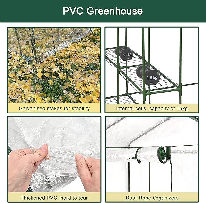 This 50% larger walk-in greenhouse is designed for outdoor use and comes with 12 large sturdy shelves for plant storage and organization. The greenhouse features a waterproof PVC plastic cover that will protect your plants from the elements, while the heavy-duty metal frame provides stability and support.