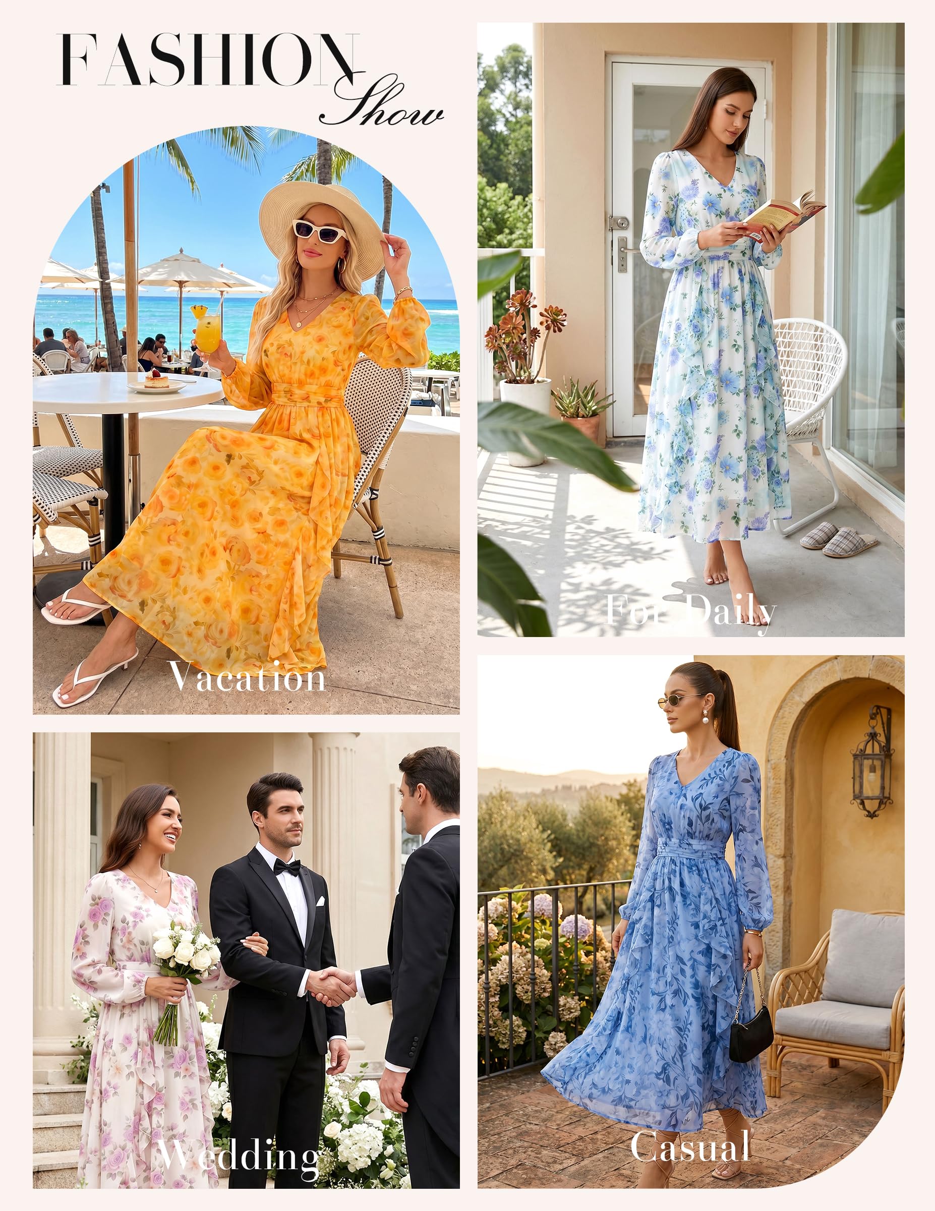 GRACE KARIN Damen V-Ausschnitt Laterne Ärmel Rüschensaum Blumendruck Tailliert Midi Kleid mit Taschen