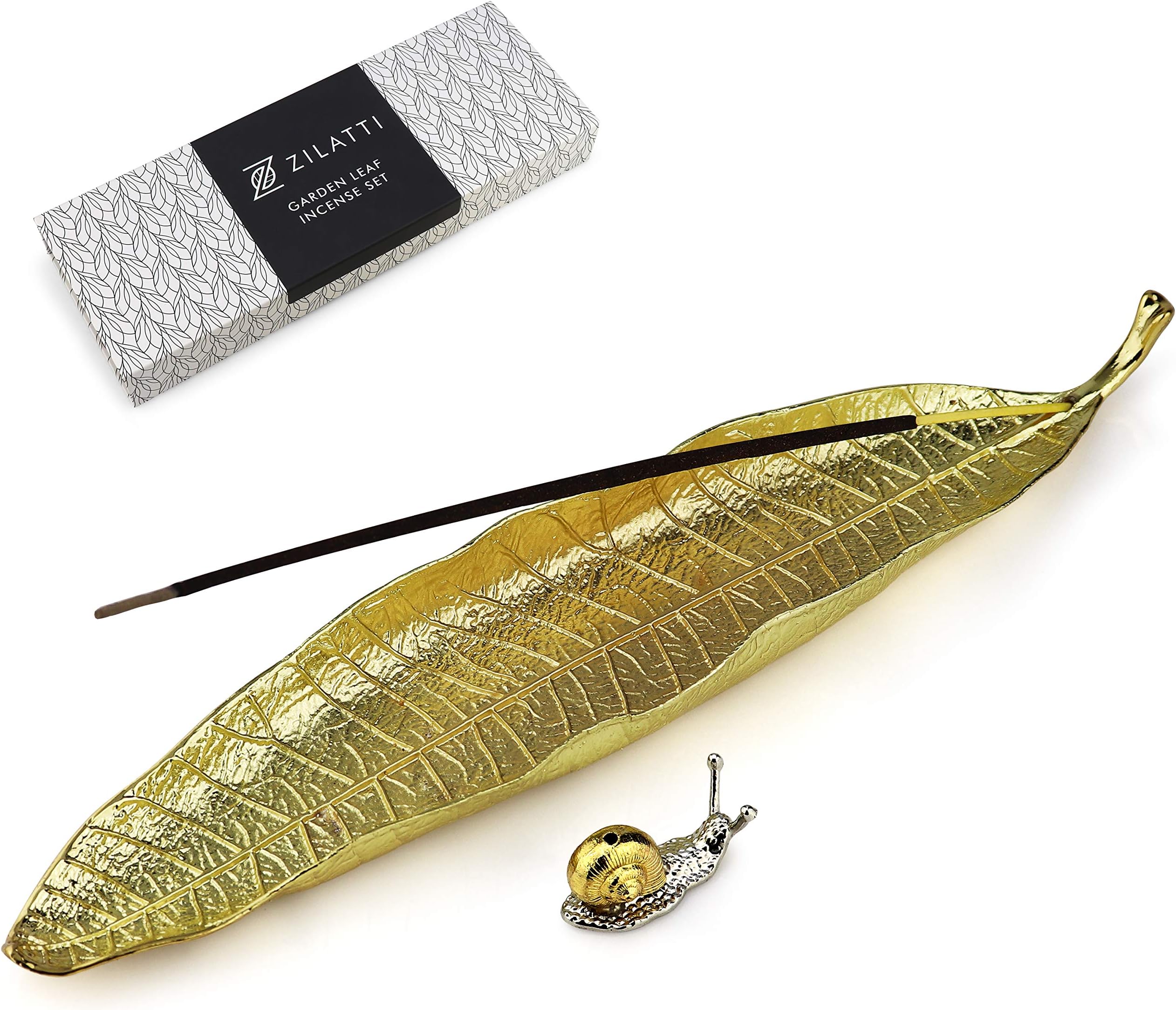 Zilatti Incense Stick Holder Set with Leaf & Snail Stick Incense Burner, Mess-Free Ash Catcher, Durable Metal Incense Holders for Sticks - Home Insence Burner Holder, Yoga & Meditation Room Decor