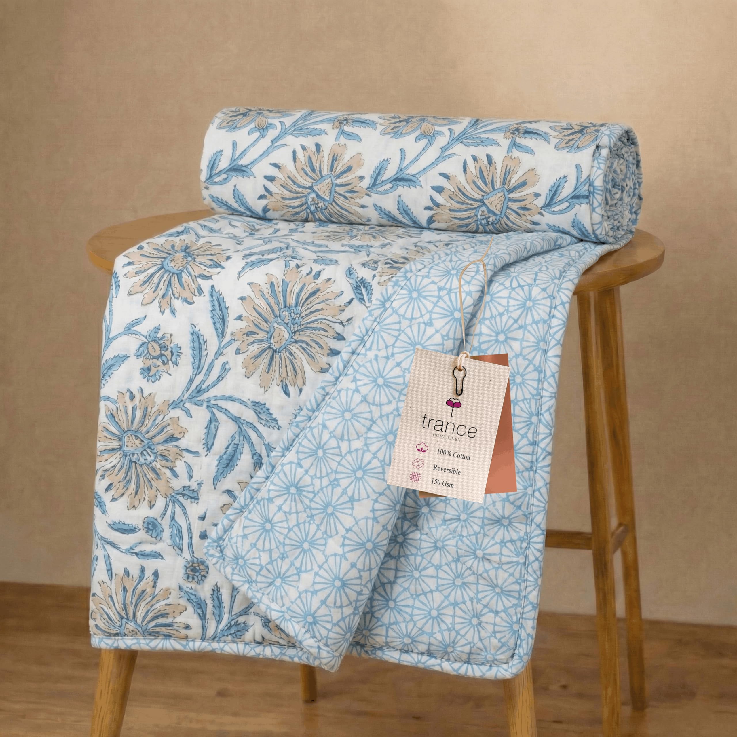 Trance Home Linen Premium 100% Cotton Dohar for Double Bed | 150 GSM | Reversible Ac Comforter | Light Weight All Season Soft Blanket (84x90 Inches | Flora Blue)