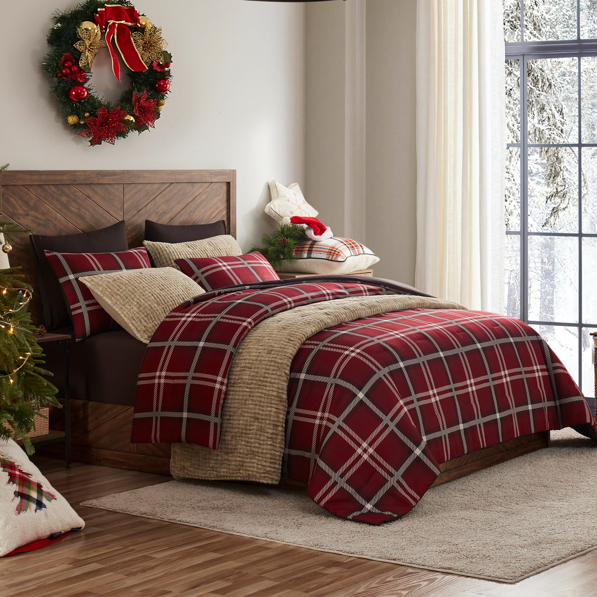 WonderfulQueen Comforter Set, Buffalo Plaid, Wooly Feel Brushed Hypoallergenic, 3 Pieces with Pillow Shams, Lightweight Cabin Lodge Bedding for All Season (Red, Queen)