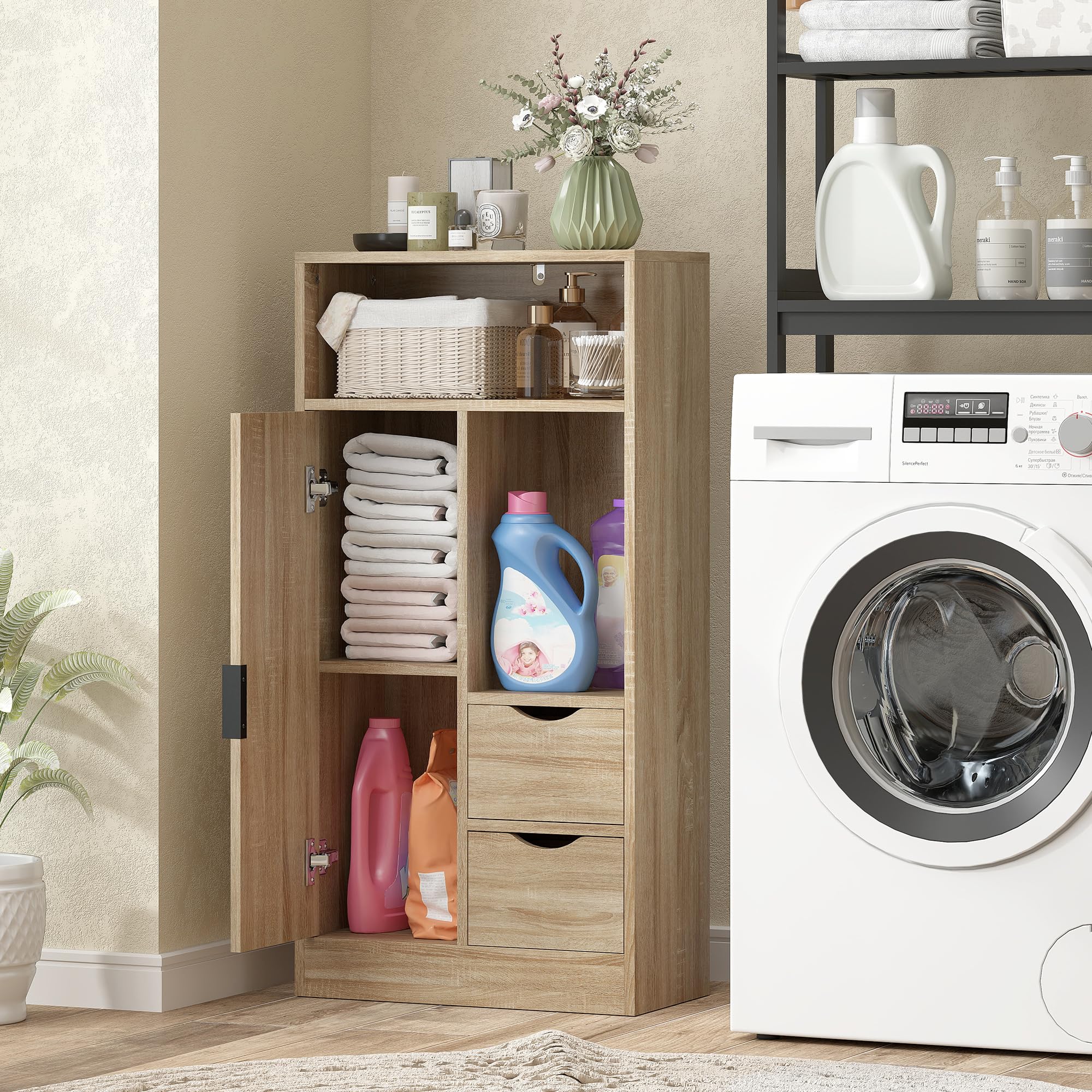 HOMCOM Mobiletto Bagno Salvaspazio Slim, Mobile Bagno con 2 Cassetti, Ripiani Regolabili a 3 Livelli e Armadietto, Stile Nordico, 50x25x100 cm, Legno Naturale