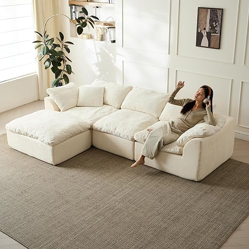 110" Cloud Sectional Couches for Living Room, Convertible L-Shape Boneless Couch with Ottoman, 3 Seater Compressed Sofa Bed Modular Sectional Sofa (Beige)