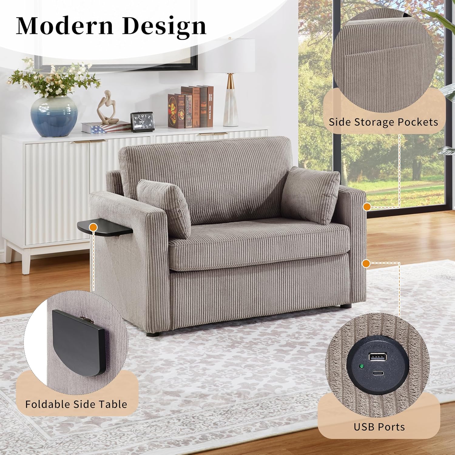 LUMISOL Folding Loveseat Sleeper Sofa with Mattress, Convertible Pull Out Sofa Bed with USB Ports, Storage Pocket & Side Table, Twin Size Fold Out Couch Bed for Living Room, Brown