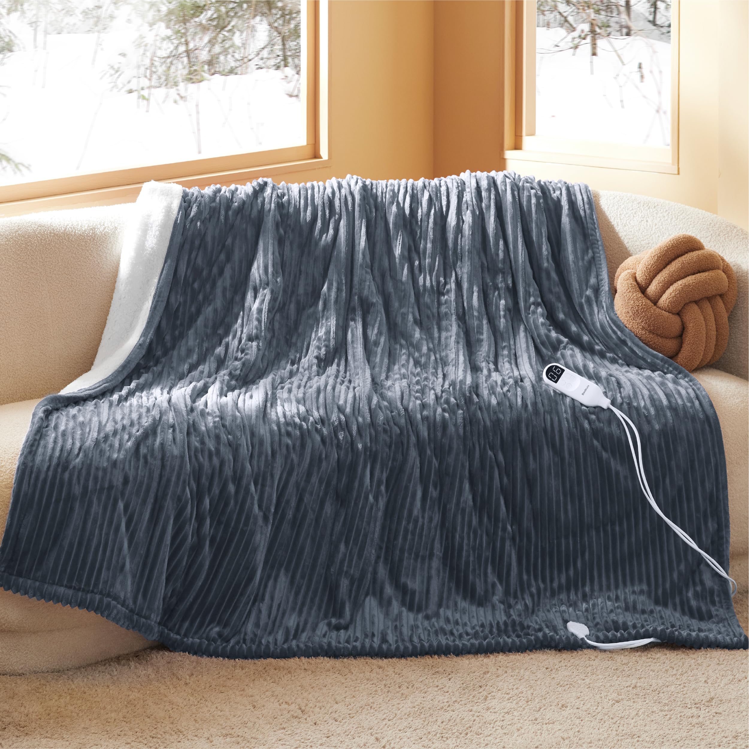 BEDSURE Koc grzewczy z automatycznym wyłączaniem, 180 x 200 cm, koc termiczny z 6 stopniami ogrzewania i 10-godzinnym timerem, ochrona przed przegrzaniem do 8 godzin, elektryczny koc do domu i biura