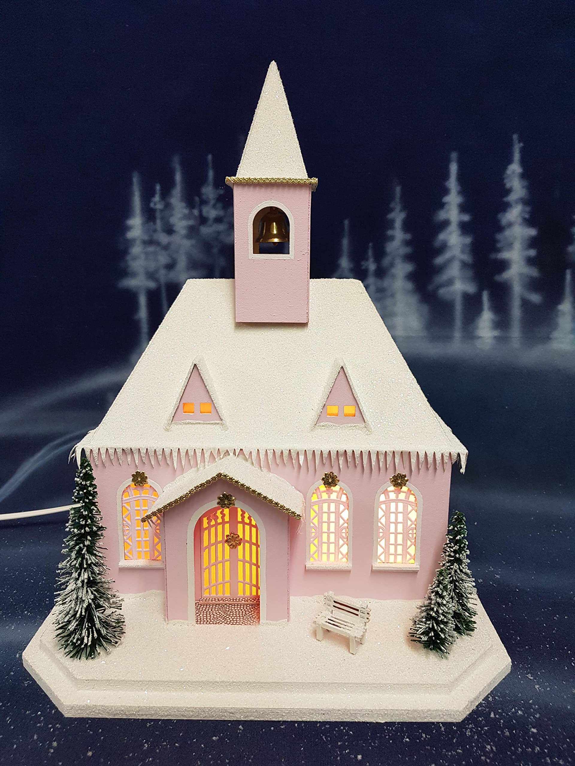 Maison lumineuse église en carton avec carrosse de mariage 40x18,5x38 cm