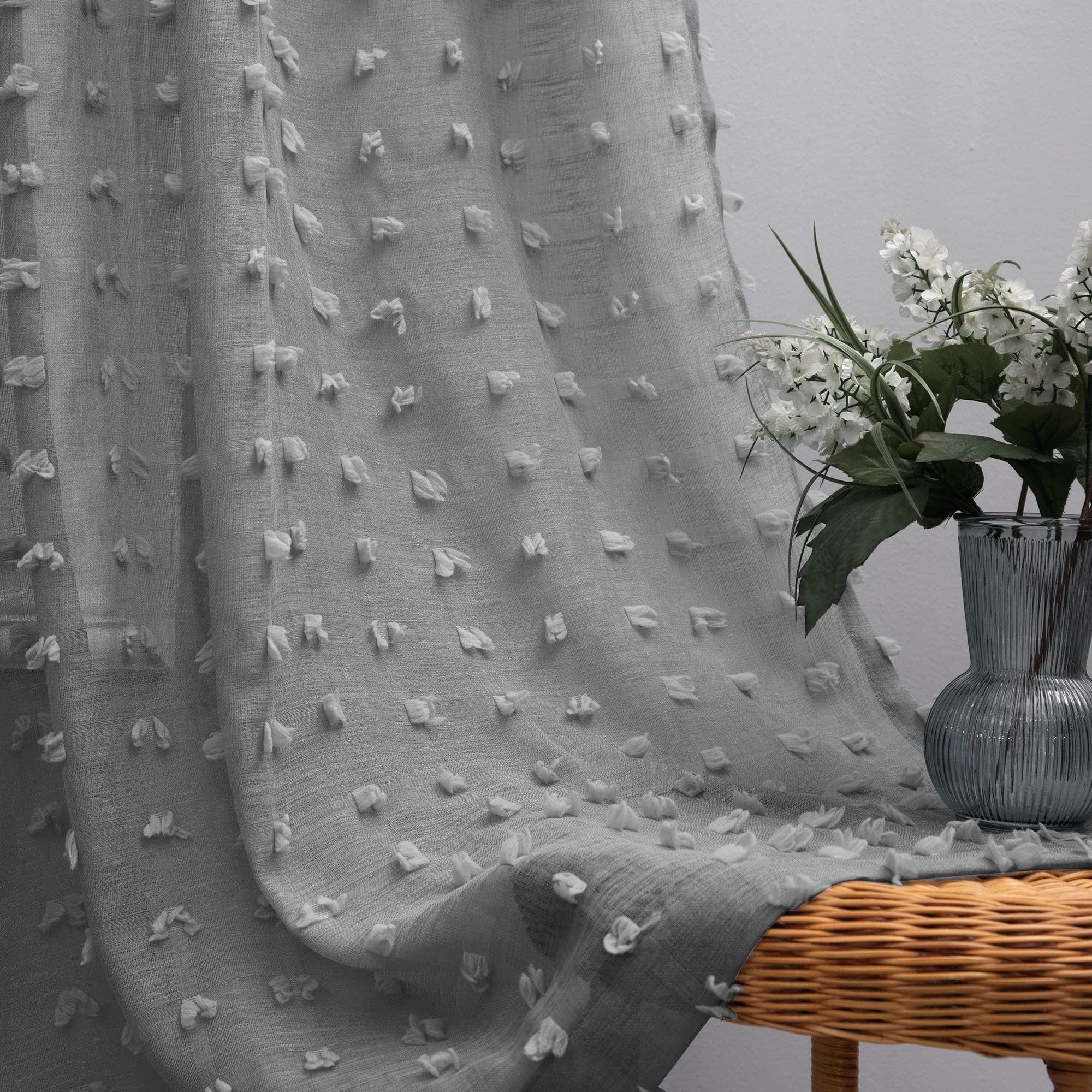 Pom pom Sheer Dark Grey Curtains for Living Room 84 Inches Long 2 Panels Set Back Tab Rod Pocket Floral Bubble Textured Gray Sheer Curtain Draperies