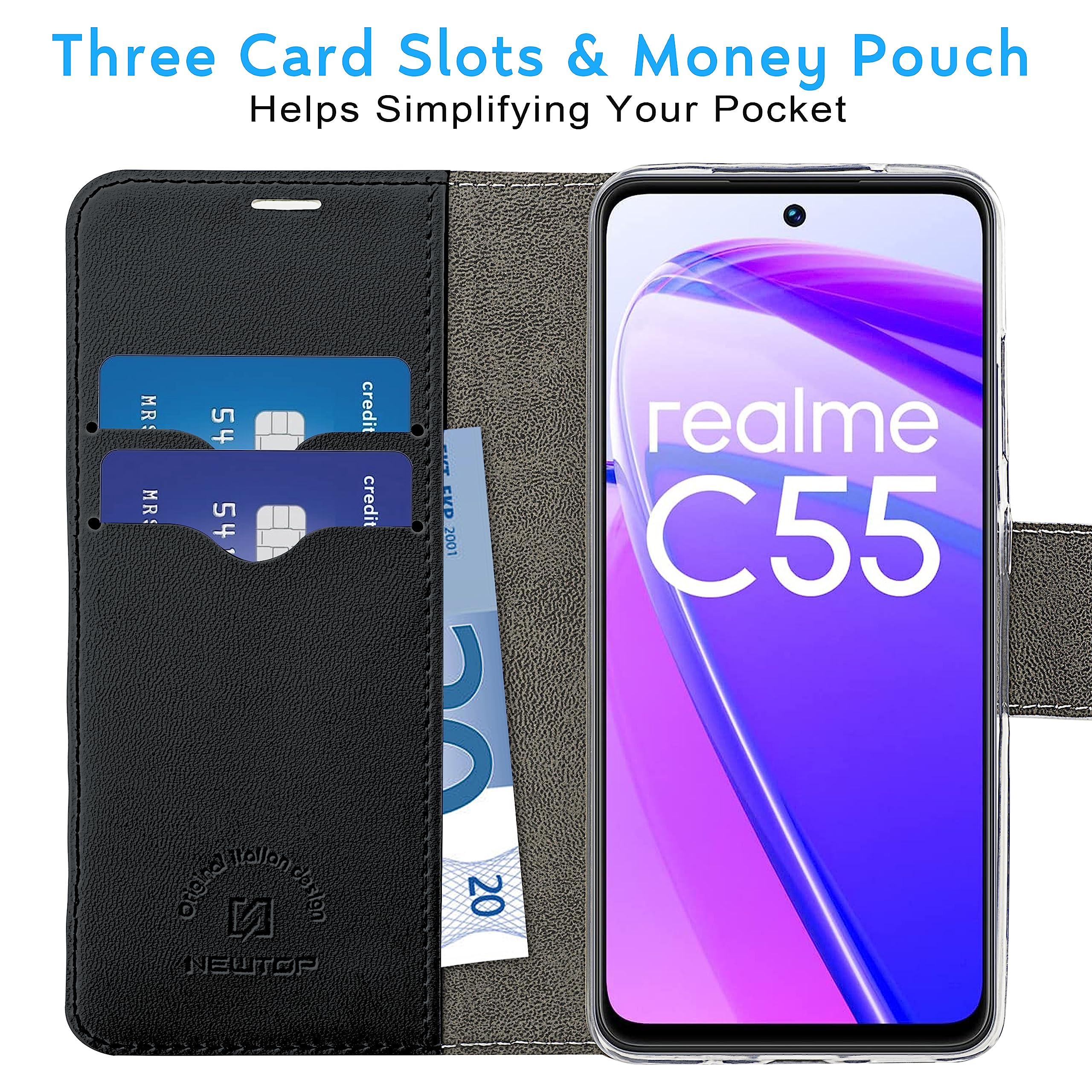 N NEWTOP Cover Per Realme 8 5G - Custodia Libro Flip In Similpelle Con Portafoglio E Chiusura Magnetica (Nero) - 5