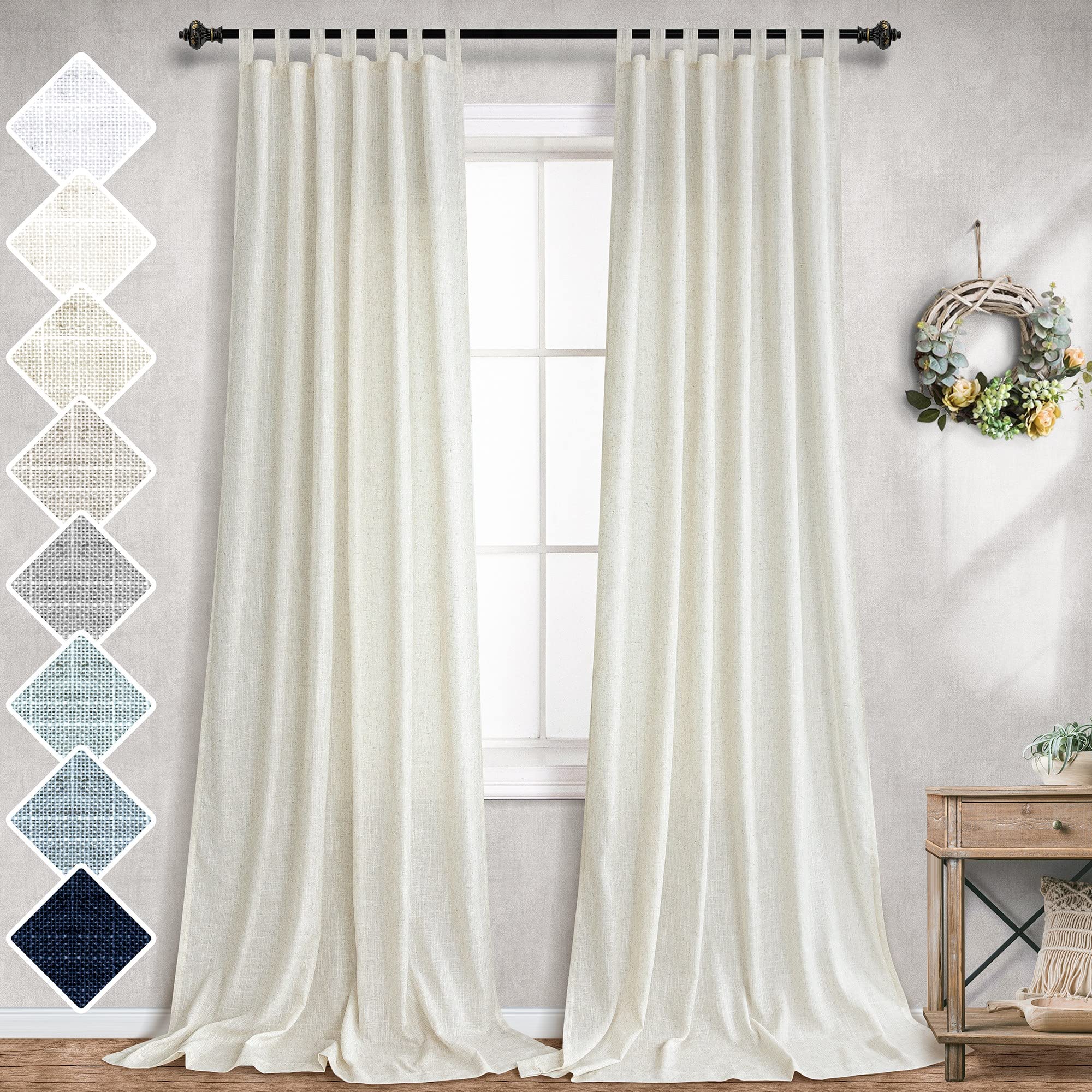 Natural Linen Curtains 108 Inches Long for Living Room 2 Panel Set Tab Top Window Drape Semi Sheer Cream Light Filtering Curtains for Sliding Doors Patio Cabin Cottage Country Farmhouse Boho Decor 9FT