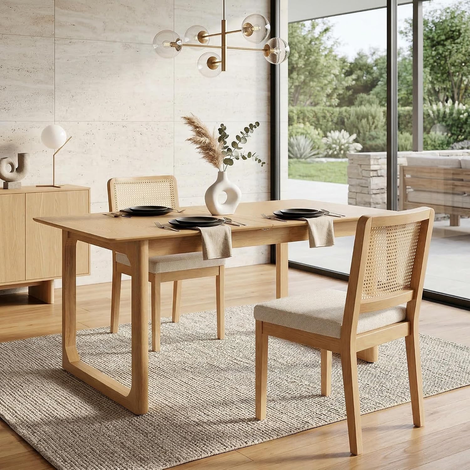 HNY Modern Farmhouse Rattan Dining Chairs Set of 2 Beige Chenille Upholstered Dining Room Chair with Cane Back Mid Century Natural Wood Kitchen Chairs, Boho Accent Wicker Woven Chairs for Living Room