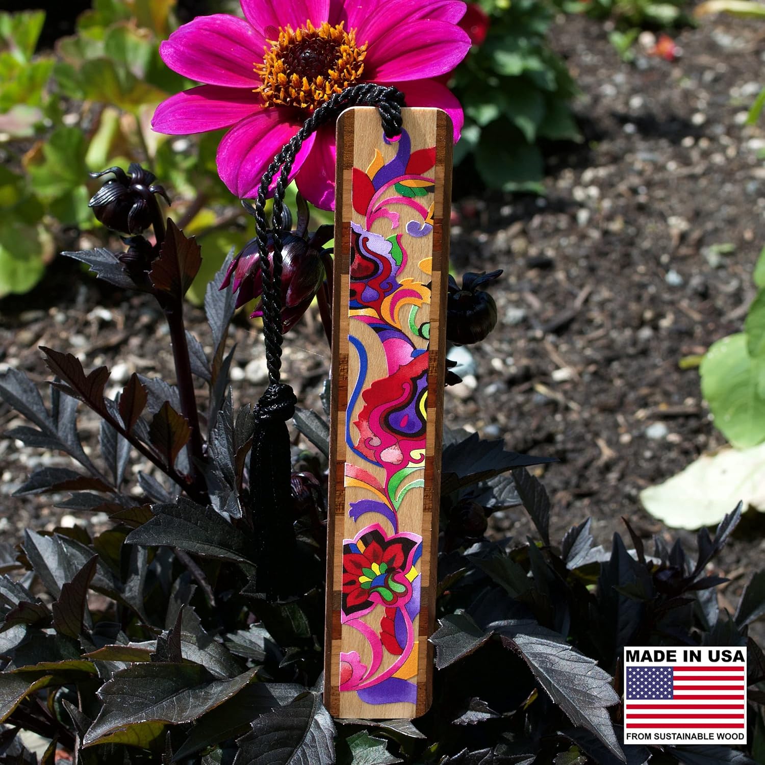 Floral Bright Colorful Flowers Personalized Wooden Bookmark | Bright Floral Design | Handmade Wood Bookmark with Black Collegiate-Style Chainette Tassel | Made in the USA