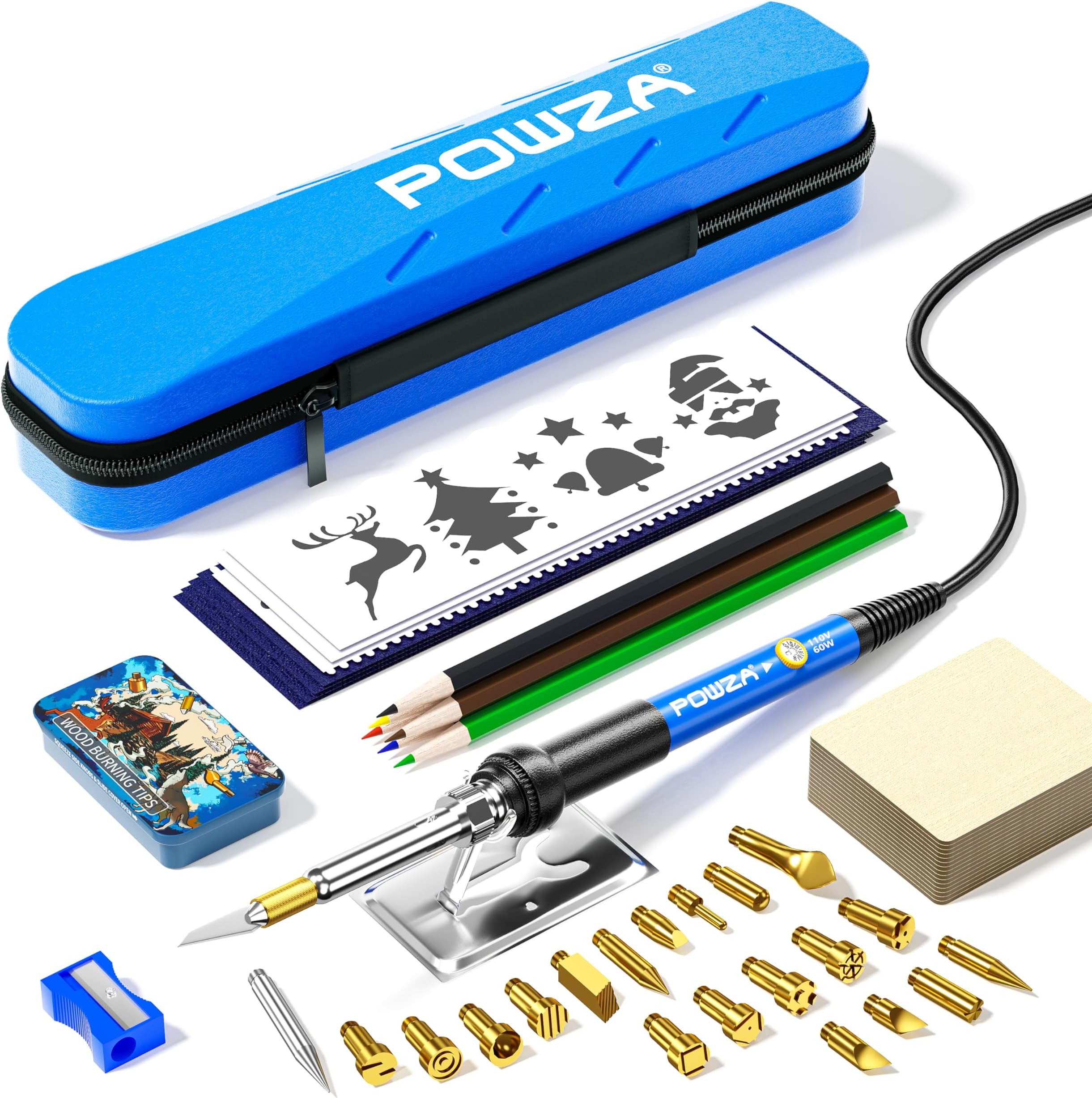 Powza, Corded Electric 72Pcs Wood Burning Kit for Beginners, Adjustable Professional wood burner pen Tool and Accessories, woodburning Embossing Carving (BLUE)
