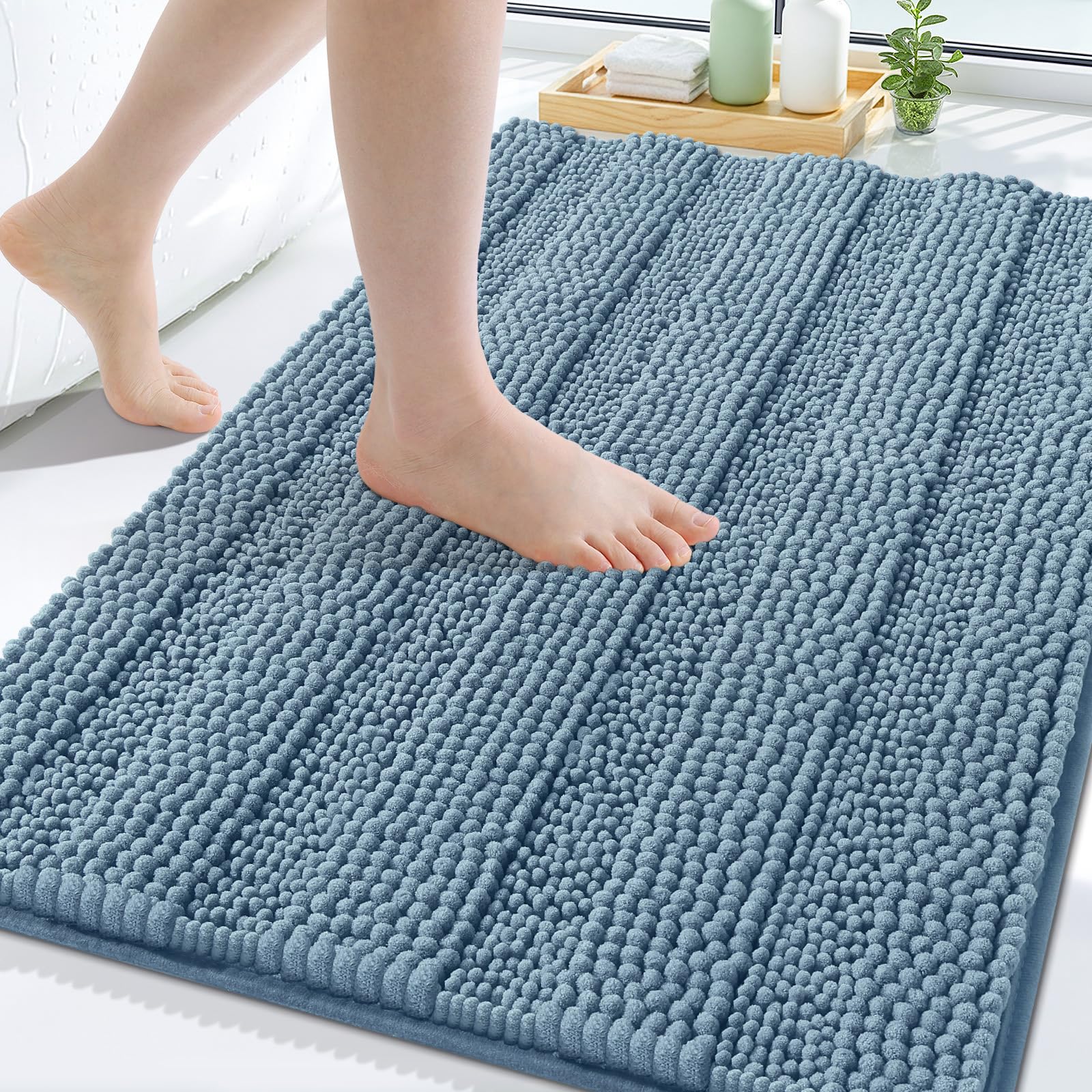 Grandaily Chenille Bathroom Rugs 59x35, Soft Absorbent Bath Mats, Airy Blue