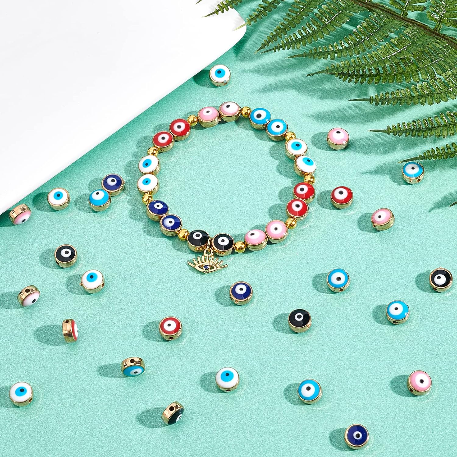 NBEADS 60 Pcs 8mm Acrylic Evil Eye Beads, Flat Round Opaque Gold Plated Evil Eye Charms for DIY Jewelry Making, 6 Assorted Colors - Image 2