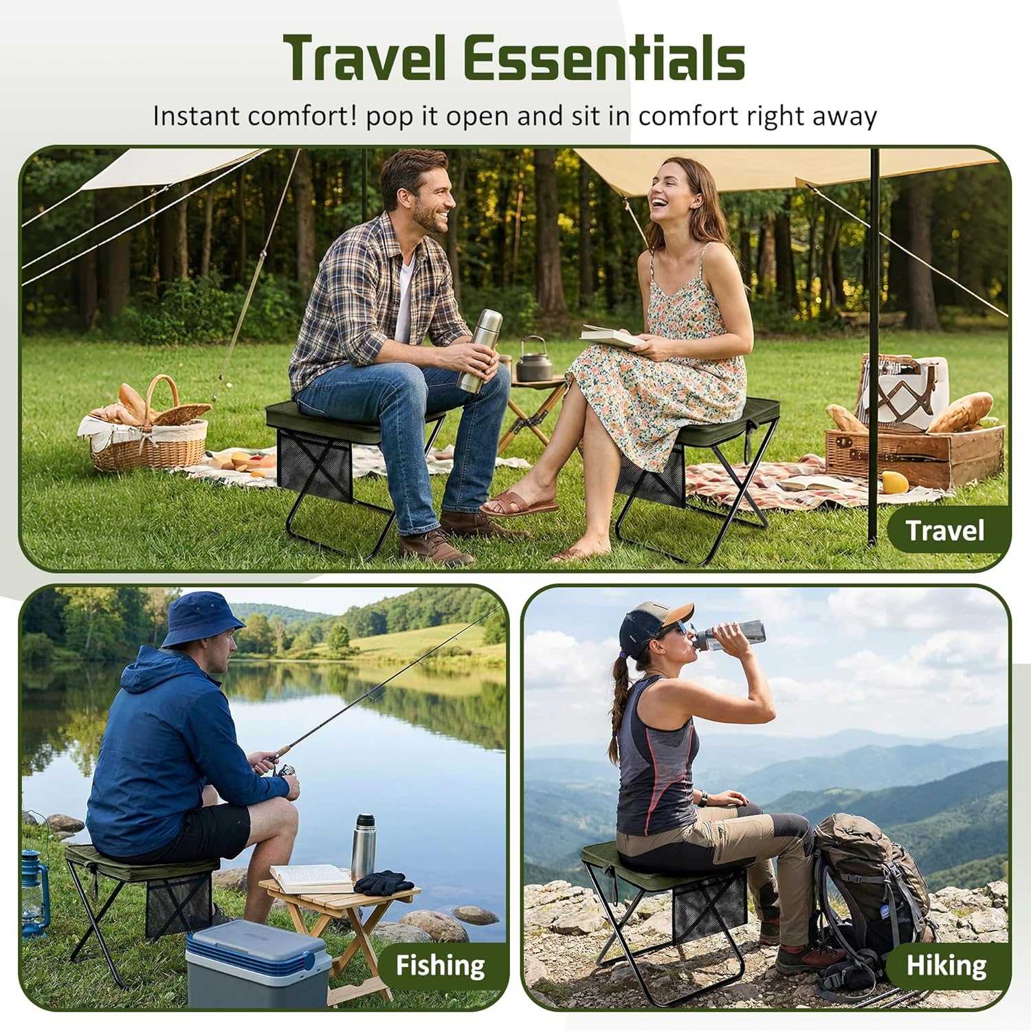 LiKiLiKi 16″ Extra Large Foldable Backpack Stool, Heavy Duty Thickened Collapsible Portable Pocket Chair, Compact Pocket Size Travel Seat for Hiking, Fishing, Picnic and Outdoor Activities