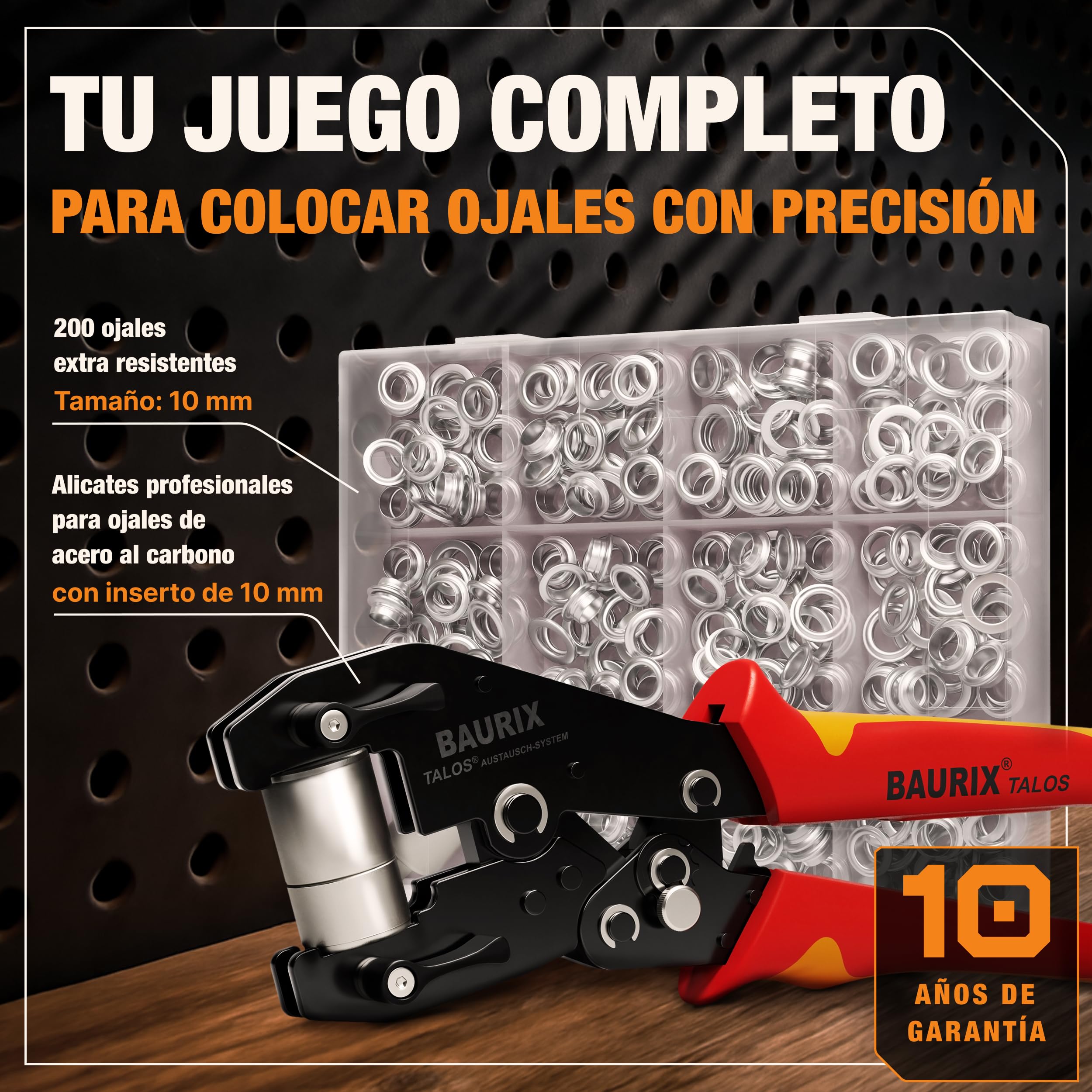 BAURIX® Alicate para Ojales con 200 Ojetes de Metal (Ø10mm) – Perforación Automática sin Troquelado Previo – para Lonas, Telas, Cuero y Textiles – ideal para Bricolaje y Costura - TALOS