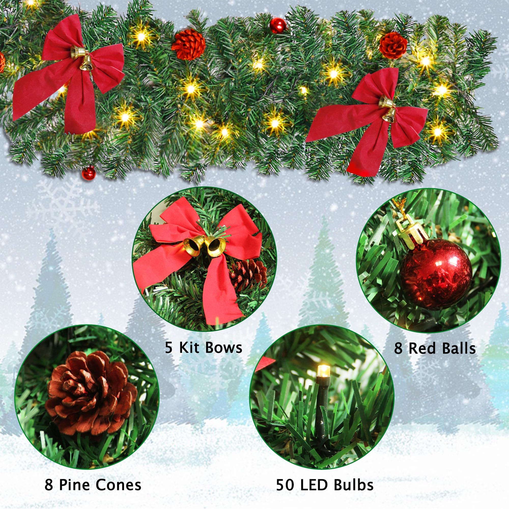 ATDAWN 9 FT Christmas Garland, Battery Operated Prelit Garland
