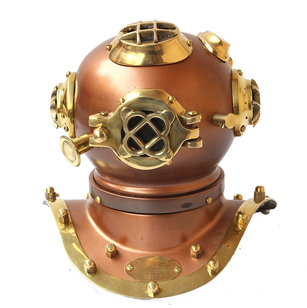 Antique Vibes Vintage Style Table Clock Maritime Brass Scuba Dive Helmet Nautical Shelf Boat Clocks Collectible Decor For Home, Office