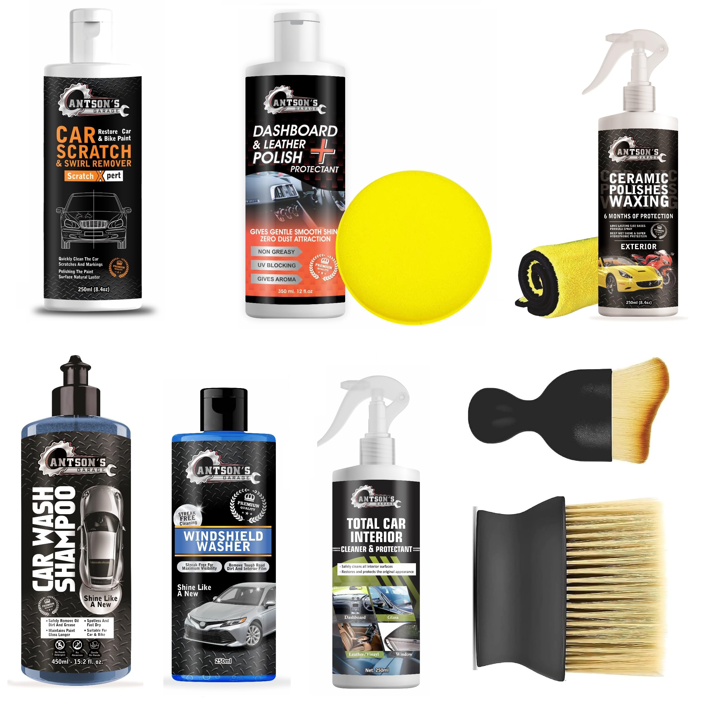 Antson Car Care Kit 10 Pcs, Includes Car Dashboard Polish, Car Polish, Shampoo, Windshield Washer, Car Interior Cleaner, Scratch Remover, 1 Cloth, 1 Applicator, AC Brush(Combo Kit)-picture-12