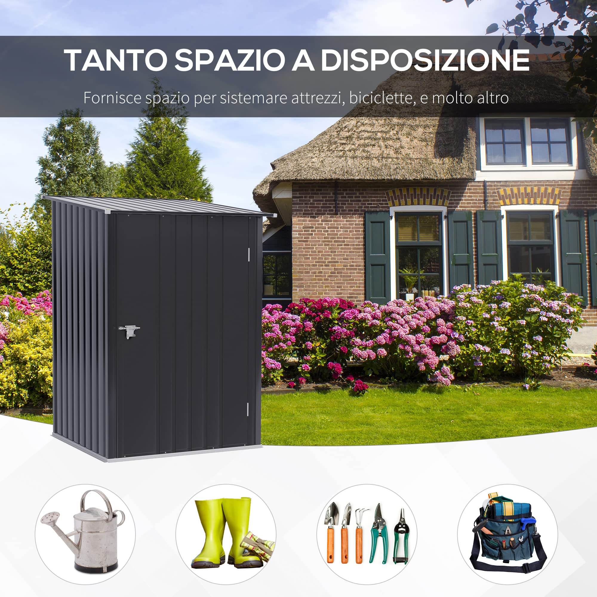 Outsunny Casetta da Giardino 0.92m² in Lamiera di Acciaio, Capanno per Attrezzi da Esterno con Porta, 100x103x160cm, Grigio Scuro