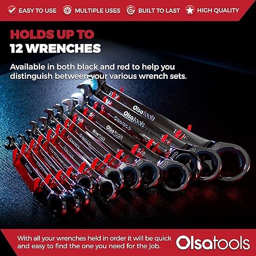 Miniatura 3 de Olsa Tools Organizador de llaves magnéticas de 12 piezas - Estante rechoncho montado en la pared - Bandeja de herramientas roja para tamaños SAE y