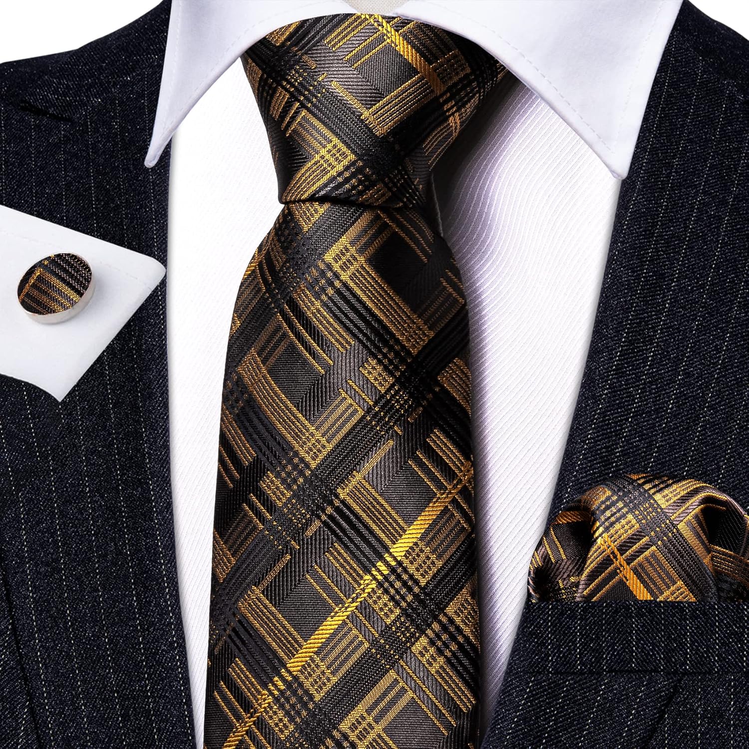 Barry.Wang Plaid Ties Check Mens Necktie Set with Handkerchief Cufflinks Classic Stripe - Image 4