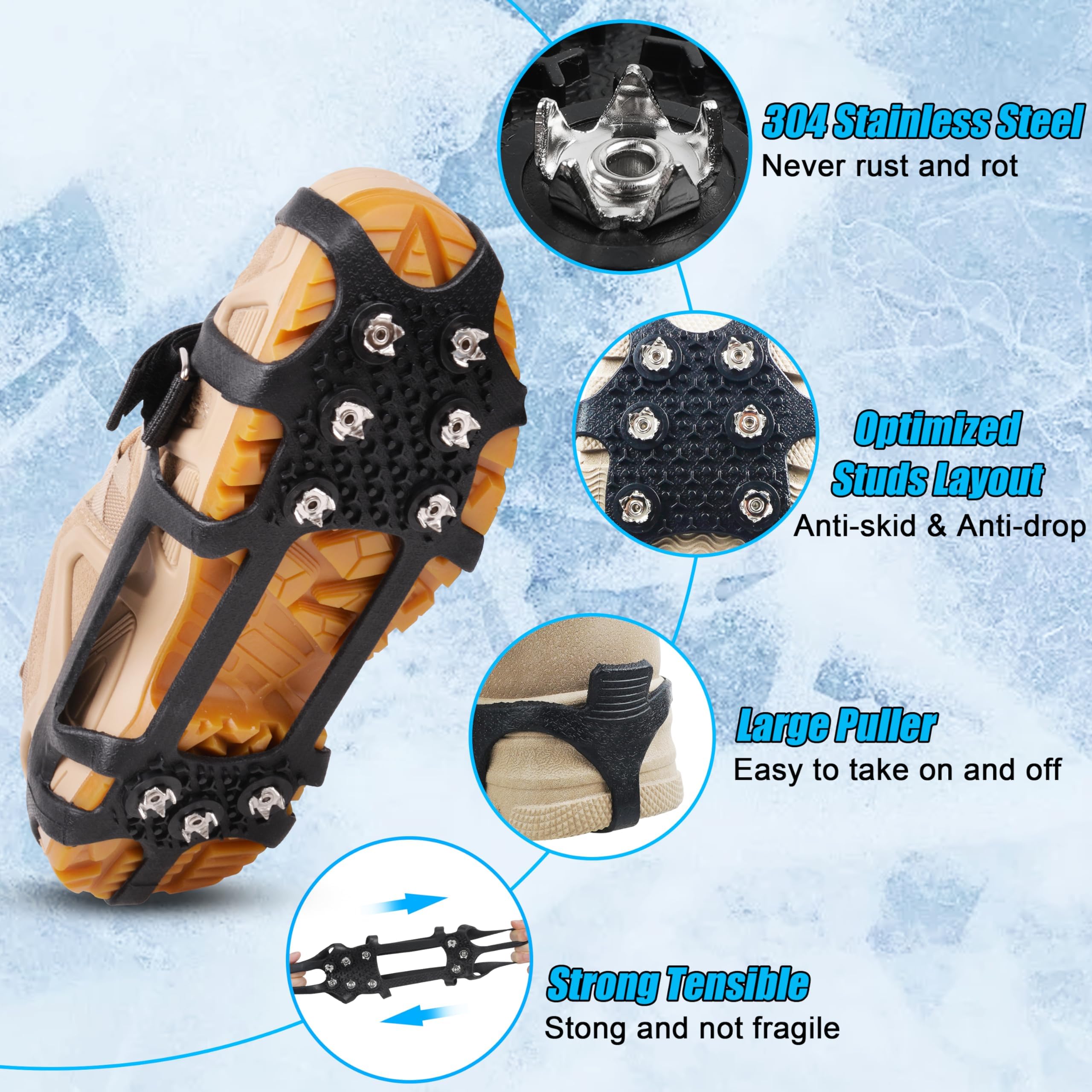 Ice Snow Cleats for Shoes and Boots,Snow Walk Traction Cleats Crampons Non-Slip 9 Point Cleats Ice Grippers Overshoe for Women Men Kids Winter Hiking Climbing Walking(M) - Image 3