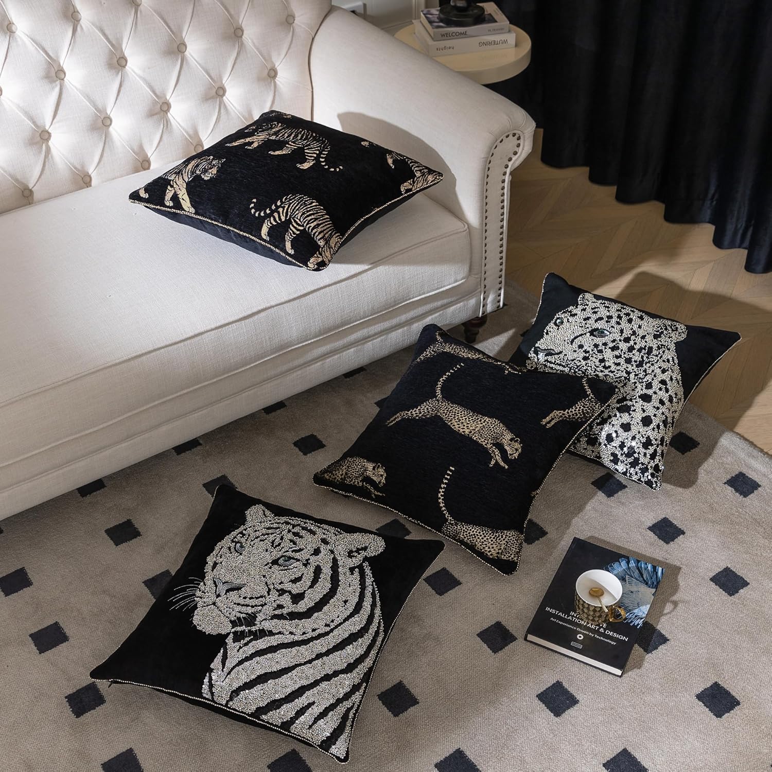 1-Piece Luxury Tiger Throw Pillow Covers 20x20 Inch, Black Chenille Embroidered Cushion Cover, Modern Animal Beaded Sparkling Square Decorative Pillowcase for Living Room Couch Sofa Bed