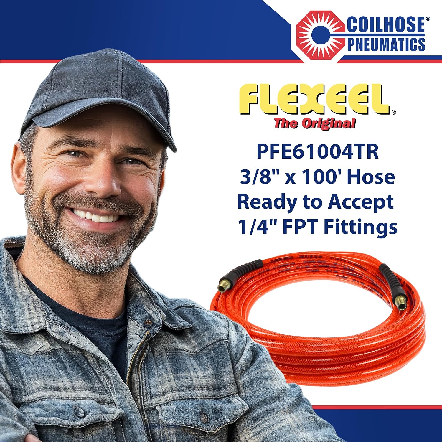Coilhose Pneumatics PFE61004TR Flexeel Reinforced Polyurethane Air Hose, 3/8-Inch ID, 100-Foot Length with (2) 1/4-Inch MPT Reusable Strain Relief Fittings, Transparent Red