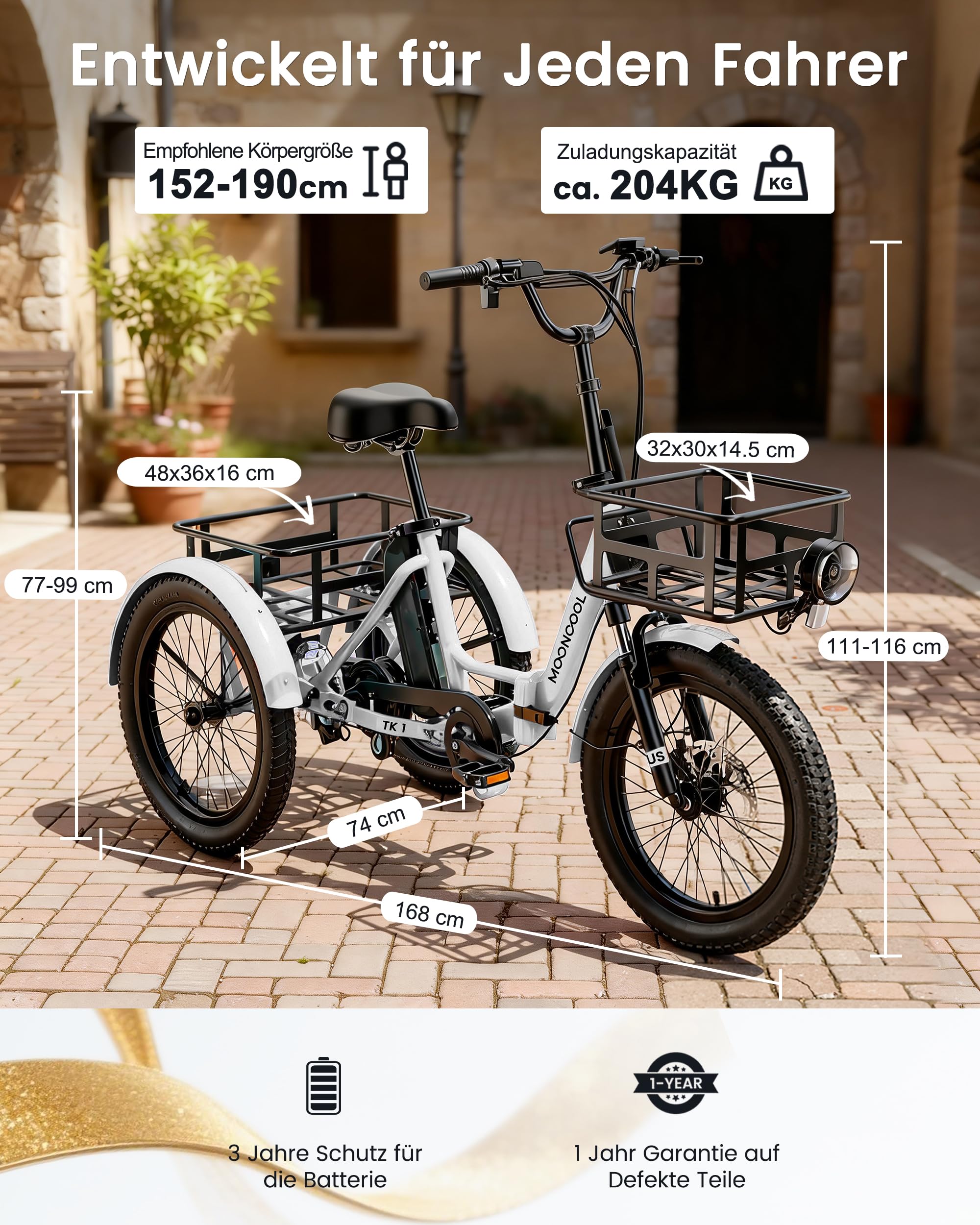 MOONCOOL E Bike Klapprad, 20" Elektrofahrräder für Herren Damen, 36V 20AH Akku, 250W Motor 45 Nm, LCD-Display, IP65 Wasserdicht, 3 Fahrmodi, mit Großen Körben & Fußstützen