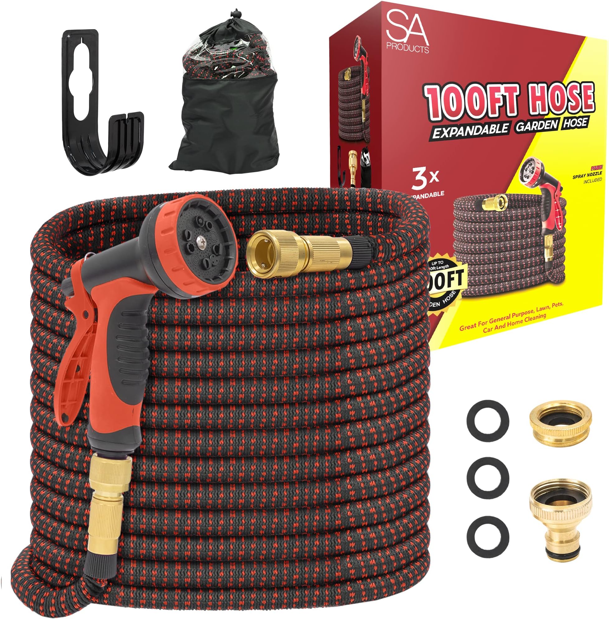 SA Products 100FT Expandable Garden Hose, Hose Pipe with 3/4", 1/2" Brass Fittings Hose Connector, Garden Hose | Flexible Hose Pipe with 10 Function Hose Spray Gun, Garden Accessories, Garden Hoses
