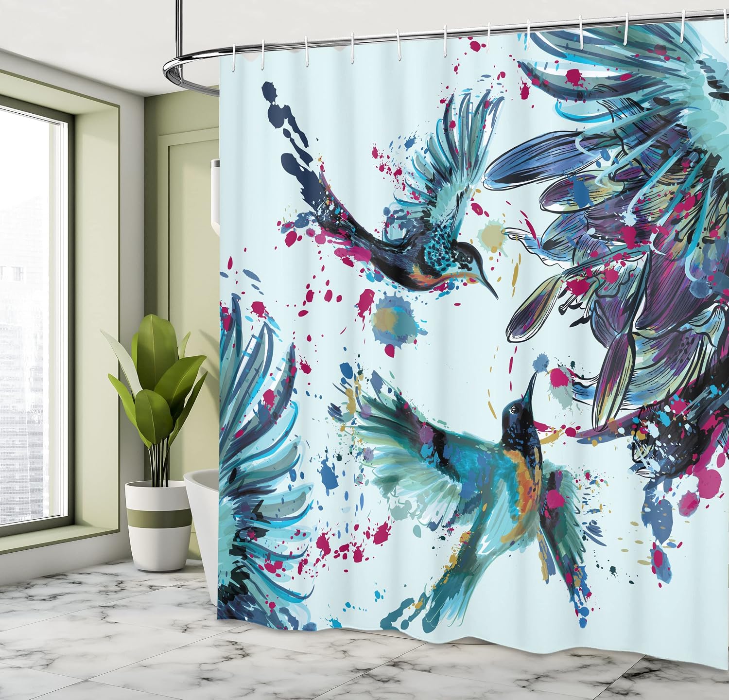 Ambesonne Hummingbird Shower Curtain, Art Lily Flowers Birds and Color Splashes in Watercolor Painting Style, Cloth Fabric Bathroom Decor Set with Hooks, 69" W x 70" L, Almond