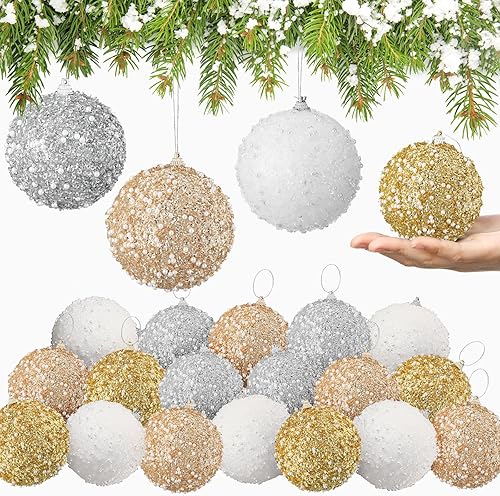 Vista 75 de Lyrow Juego de 24 adornos de bolas de Navidad con purpurina de 4 pulgadas, bolas de Navidad a granel, adornos colgantes de espuma de lentejuelas