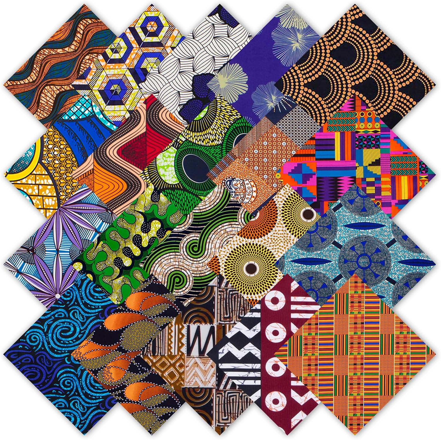 20 Pcs African Print Polyester Fabric Squares, 25 x 25 cm / 9.8 x 9.8 Inch No Repeat Kente Cloth Ankara Precut Fabric for Patchwork, DIY Sewing and Crafts