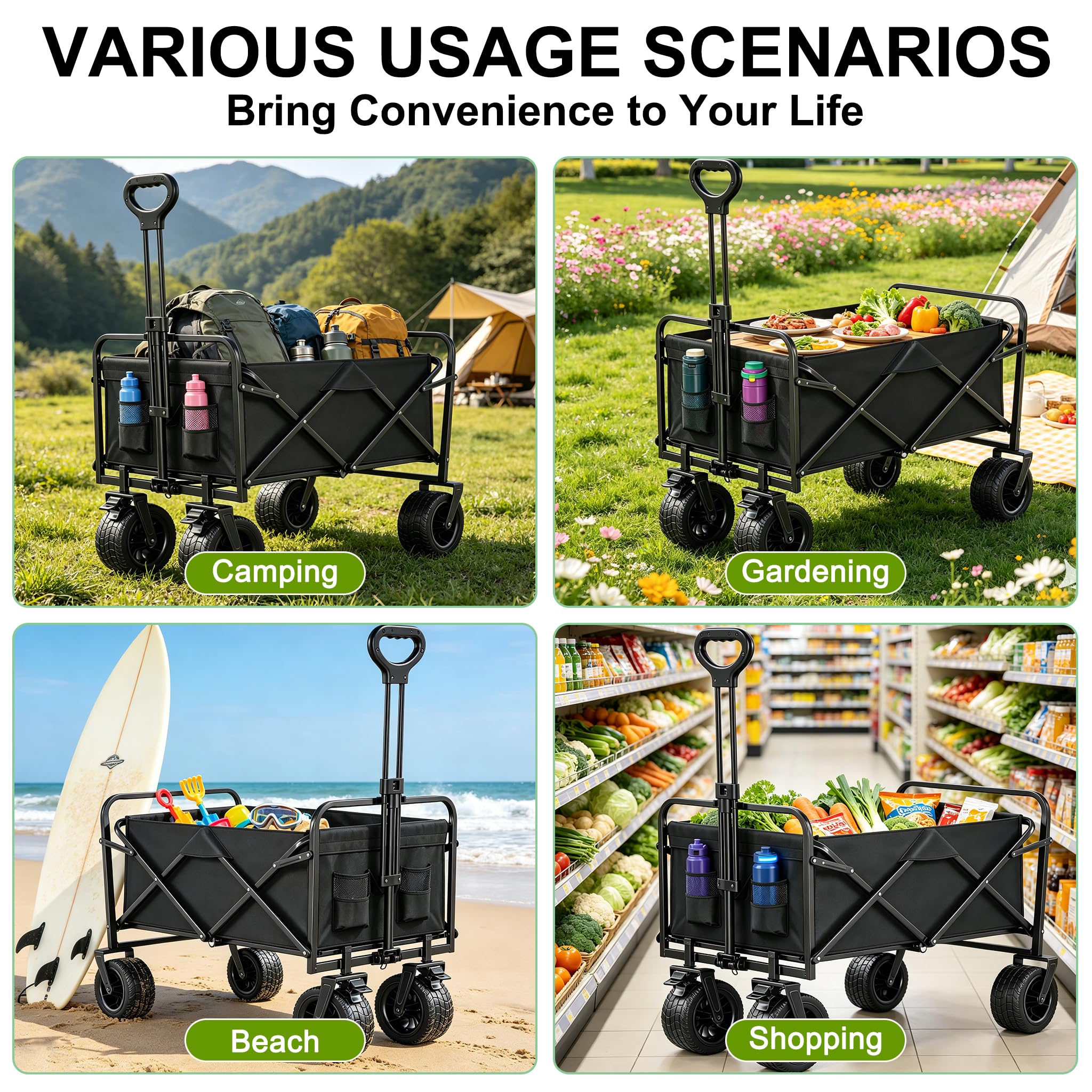 Bollerwagen Faltbar mit Bremsen 200L 200KG Belastbar, Extra Breite Reifen All Terrain Handwagen, Verstellbarer Griff & 2 Netztaschen, Faltbarer Bollerwagen Für Hunde, Einkaufen, Camping, Strand