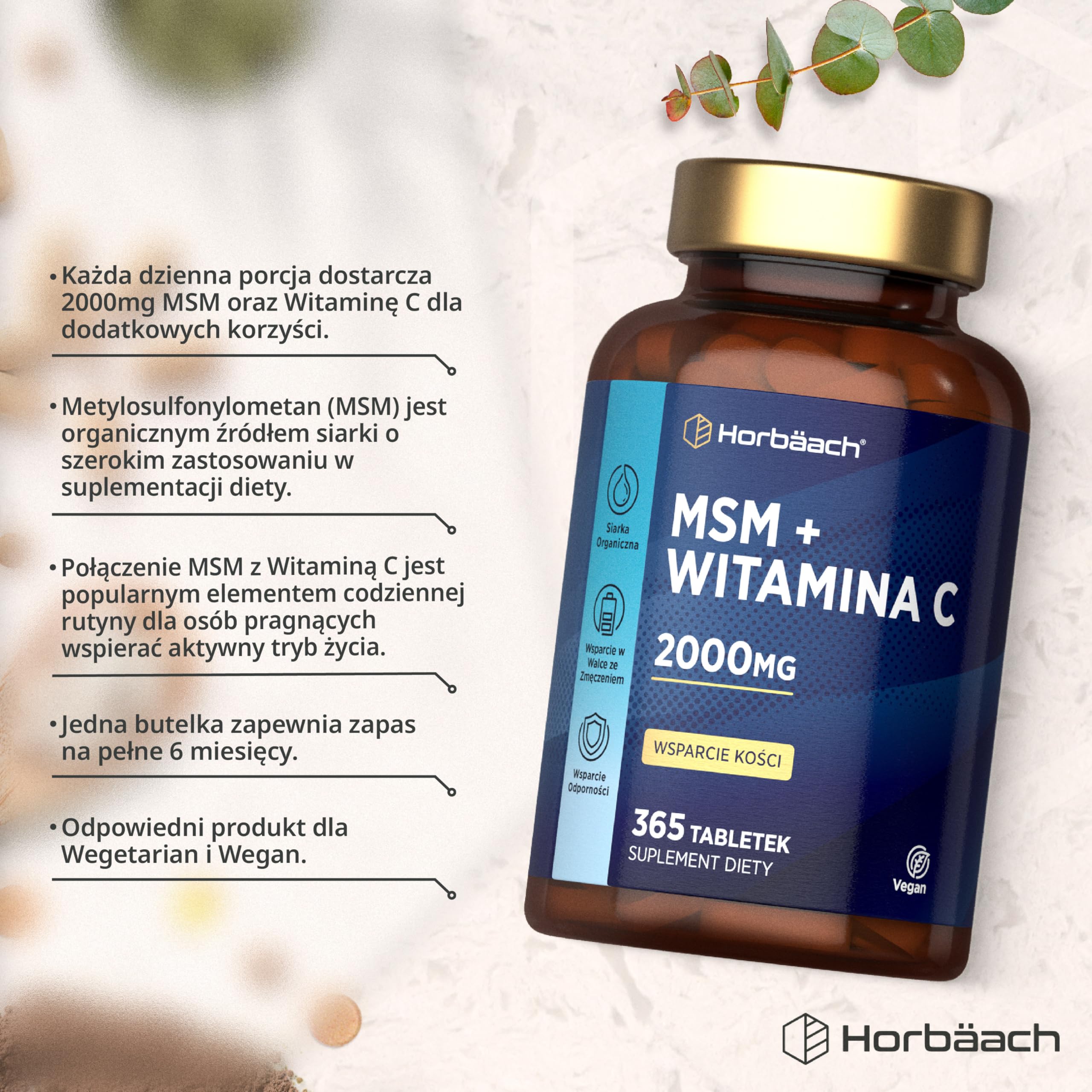 MSM Suplement 2000mg z Witaminą C | Wysoka dawka Metylosulfonylometanu (MSM) z Wit. C | 365 Wegańskich Tabletek | Firma Horbaach
