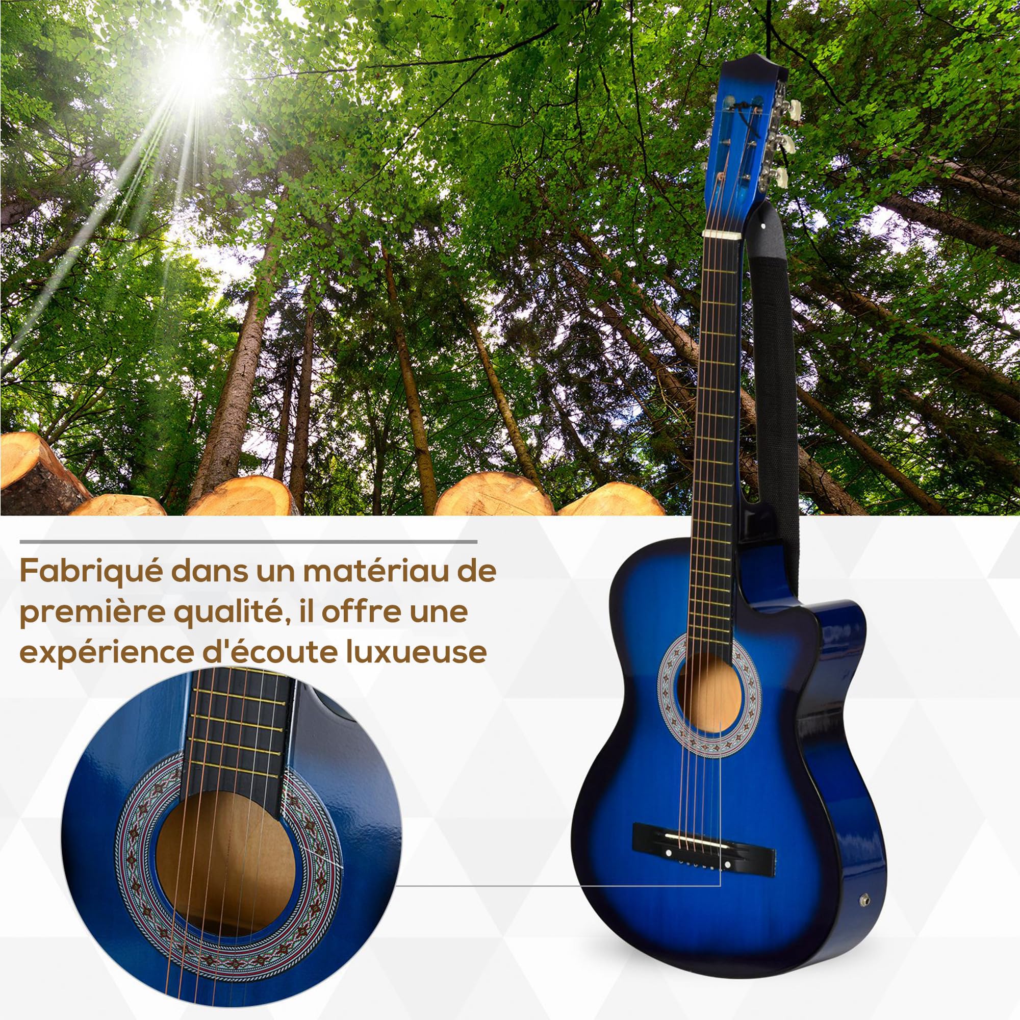 HOMCOM Chitarra elettroacustica kit con custodia tracolla corde plettri cavo blu nero