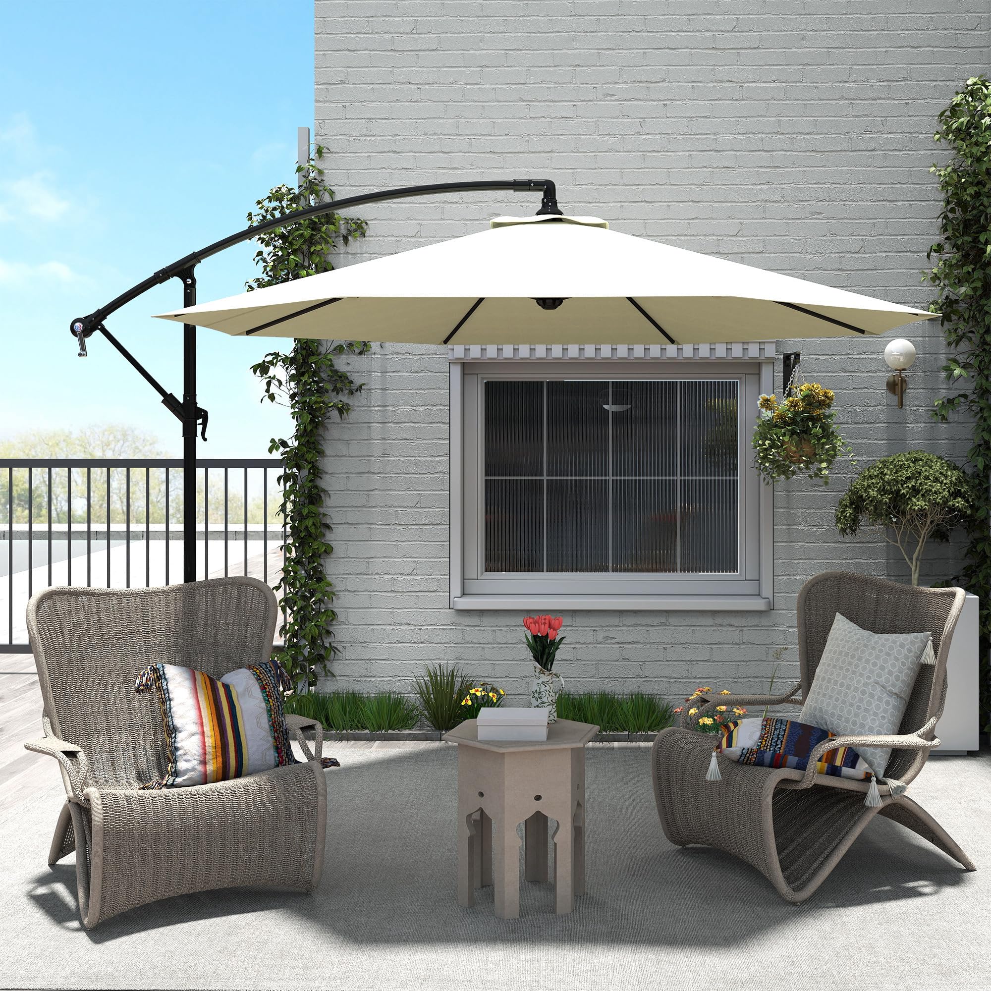 Outsunny Ombrellone da Giardino Ø3x2.5 m Inclinabile, Ombrellone Decentrato con Base a Croce e Manovella, in Metallo e Poliestere a Stecche, per Esterno Balcone Resistente ai Raggi UV, Beige