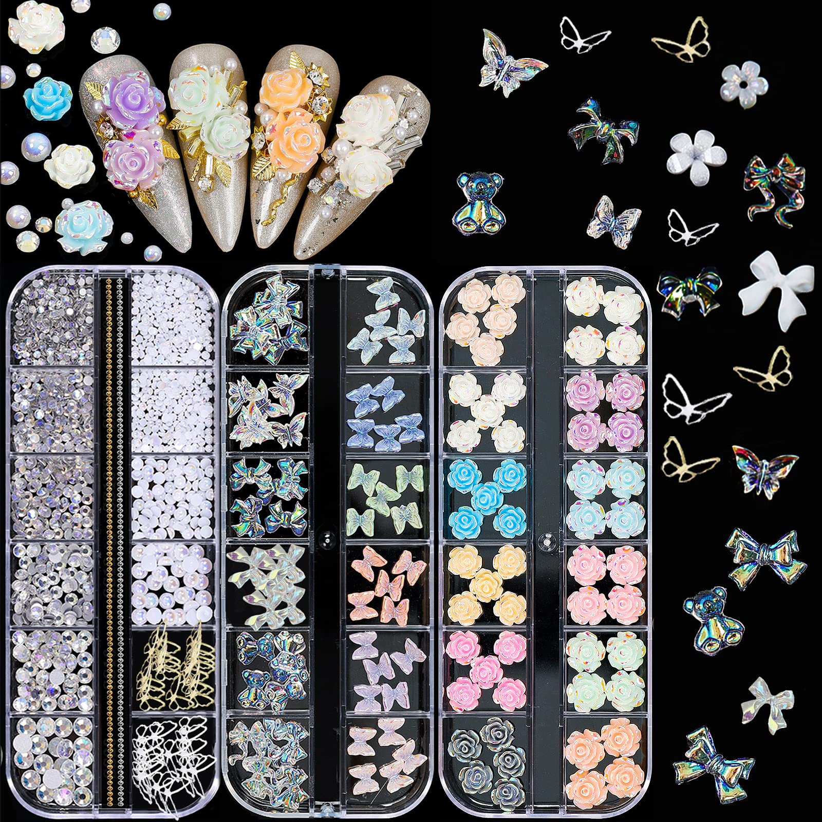 3 Boxes 3D Butterfly Rose Flowers Nail Charms Acrylic Color Flower Cute Nail Charms with Starry AB Nail Crystal Rhinestones Pearl Gold Metal Studs for Nail Art DIY Jewelry Crafting