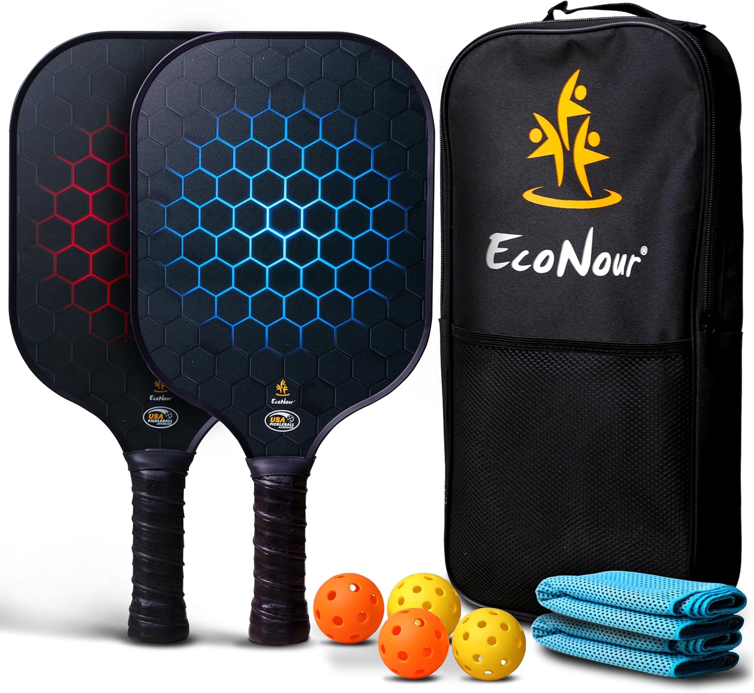 EcoNour Pickleball Paddles Set of 2/4 | USAPA Approved Fiberglass Surface Pickleball Set with 4 Pickleballs | 2 Cooling Towels and Pickleball Racket Storage Bag Black (2 Pack)