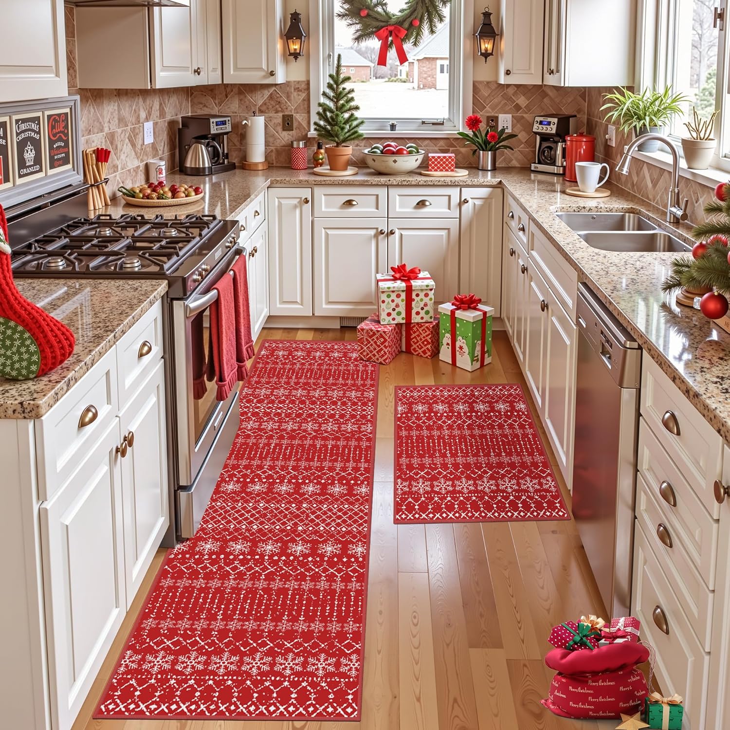 Christmas Small Area Rug Set 2x3 2x8 Red Festival Entryway Rug Xmas Snowflake Boho Rug Washable Rug Non Slip