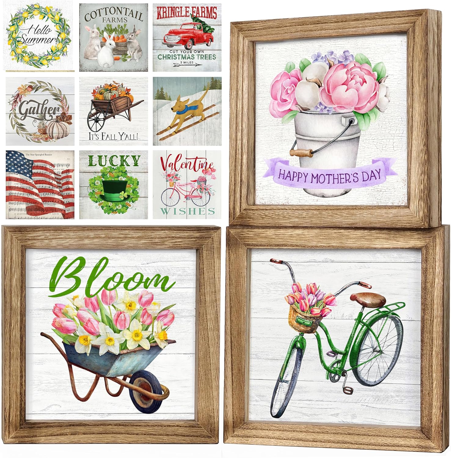 Set of 3 Rustic Wood Frames for Tiered Tray Decor - 36 Interchangeable Seasonal Home Signs for Valentines, St Patrick's Day, All Seasons, 7x7 in