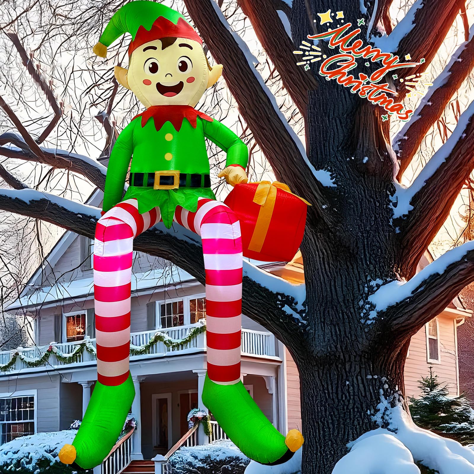 240 cm Aufblasbare Weihnachtsdeko Aussen, Sitzender Elf Aufblasbare Weihnachtsdeko Außen mit Geschenkbox & LED Beleuchtung, Weihnachten Deko Draußen Outdoor für Garten, Balkon, Draußen