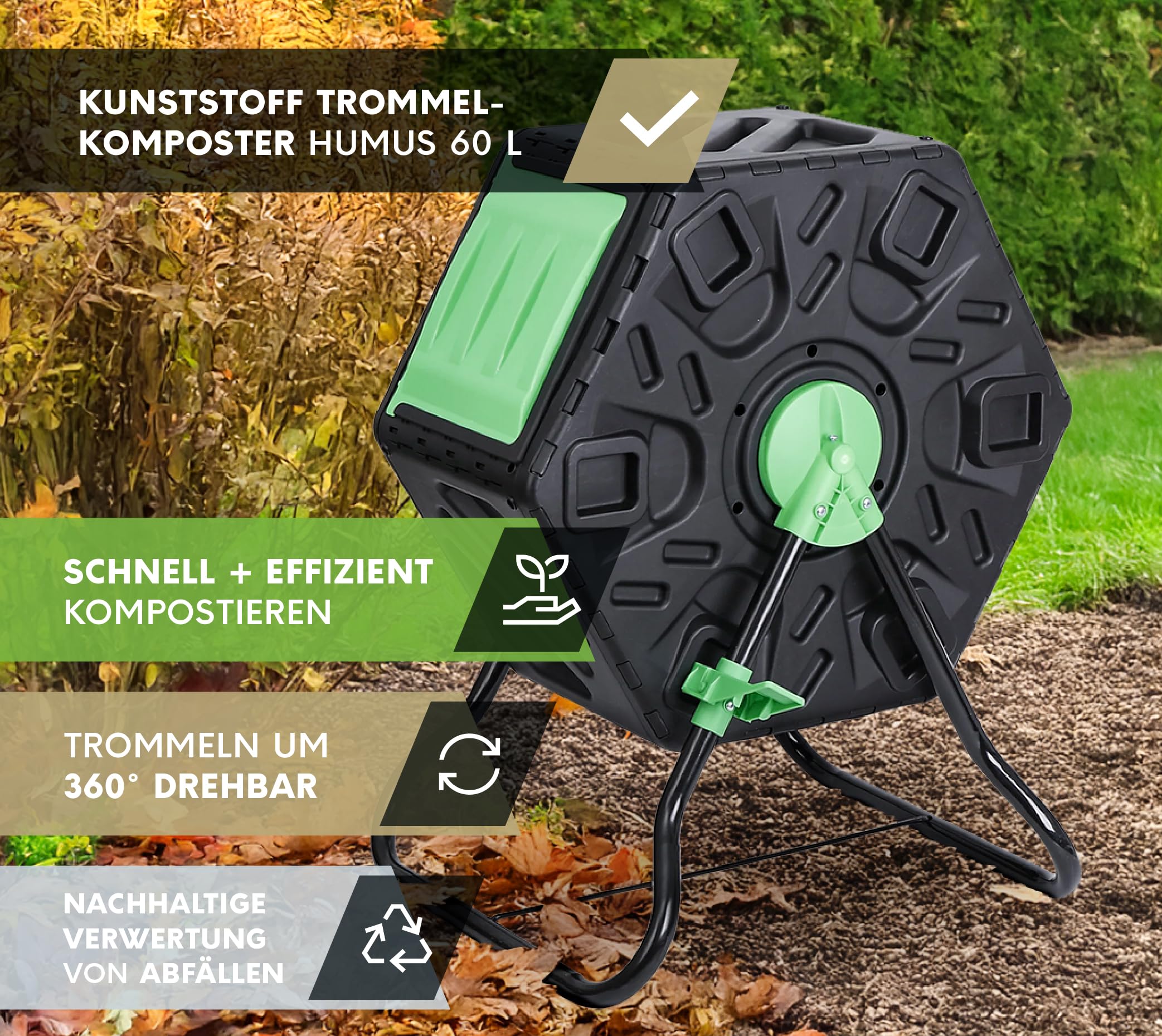 Westmann Kunststoff Trommelkomposter Humus | 60 L rotierender Komposter | Mobiler Kompostierer für Gartenabfälle | 360° drehbar | Rückenschonend & platzsparend | Grün | 60x74x36 cm