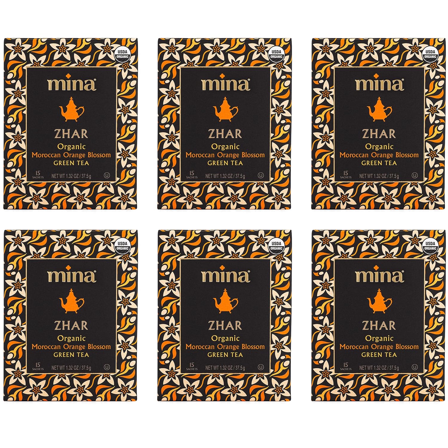 Mina Zhar Organic Moroccan Orange Blossom Green Tea, 15 Biodegradable Sachets (Pack of 6) - Refreshing Sencha Green Tea Bags, Low in Caffeine Orange Blossom Tea Bags