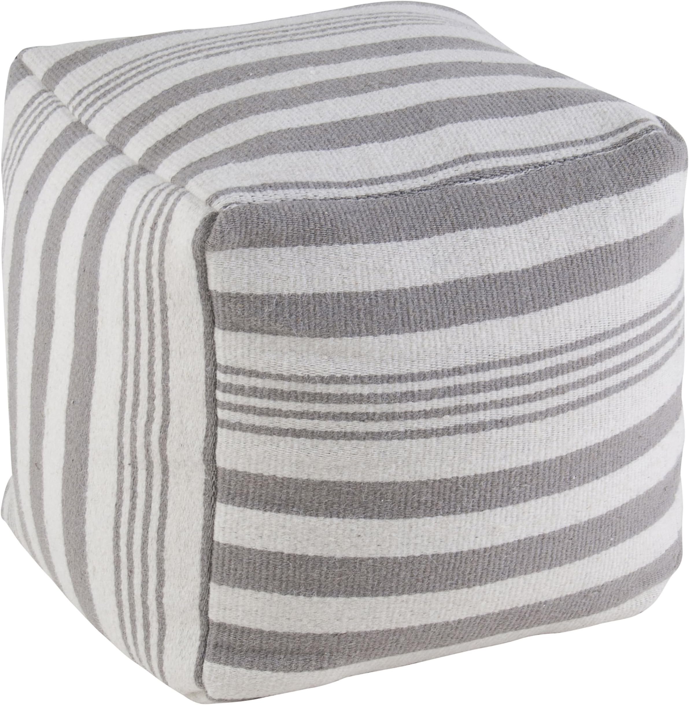Rizzy Home Striped Wool Pouf, Gray/White